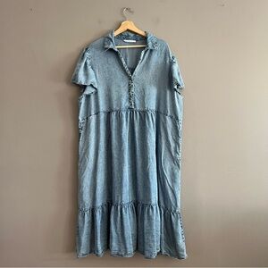 Jane + Delancey Chambray Tiered Maxi Dress Women 3X Blue Buttons Pockets V Neck